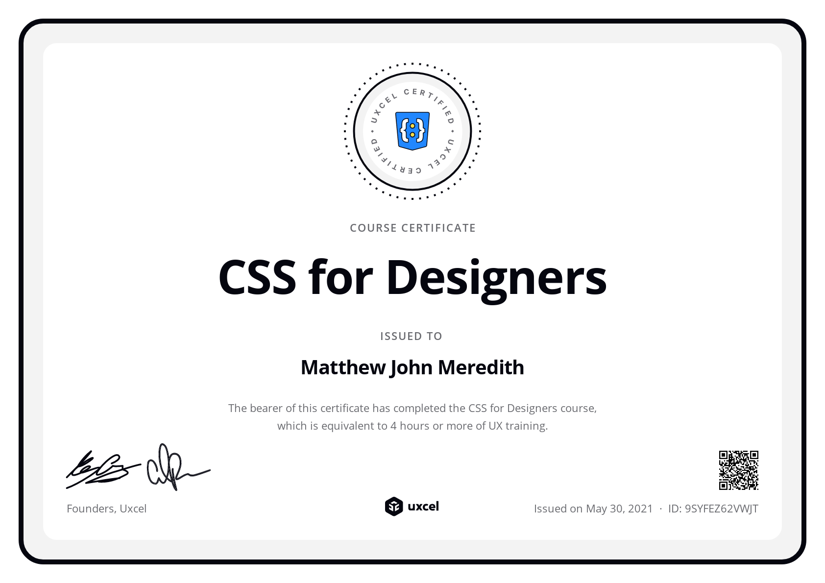 Matthew John Meredith's certificate